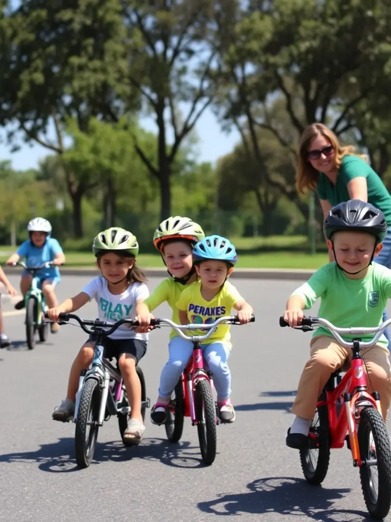 A group of children learning basic cycling skills during a community cycling program organized by CRITERIUM CYCLISTE EN CHATAIGNERAIE.