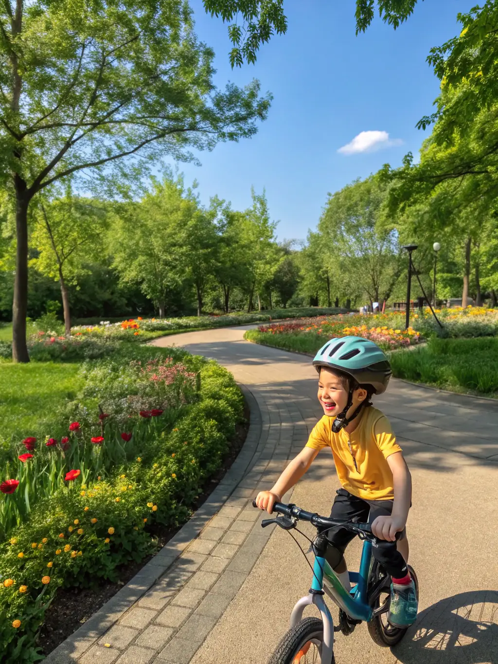 A group of children participating in a youth cycling club activity, learning basic cycling skills and safety tips from experienced instructors in a park setting.