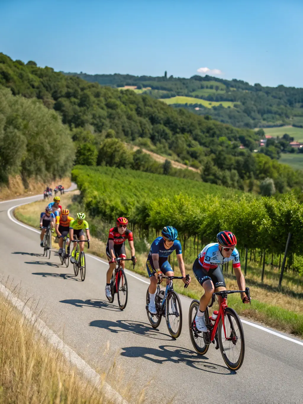 A group of cyclists enjoying a scenic ride through the Chataigneraie region, showcasing the beauty of the local landscape.