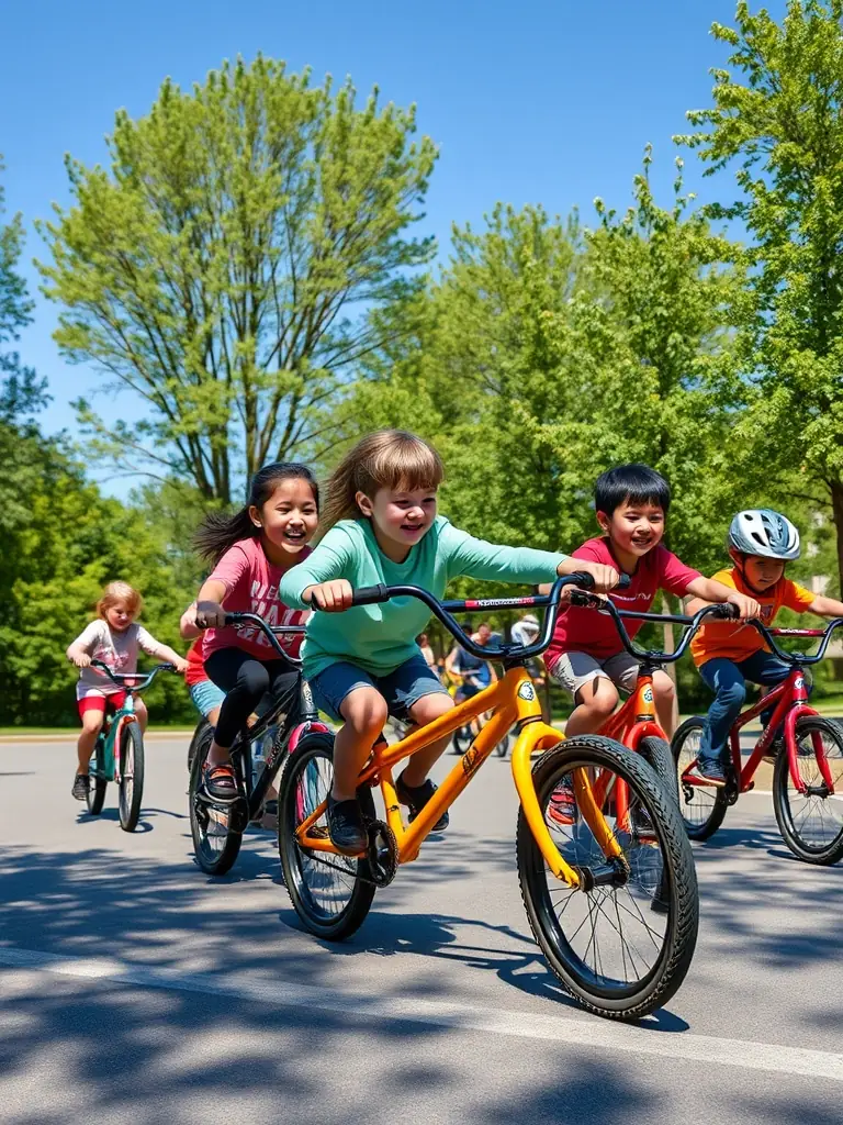 A heartwarming image of children learning to cycle in a community cycling program, emphasizing inclusivity and accessibility.