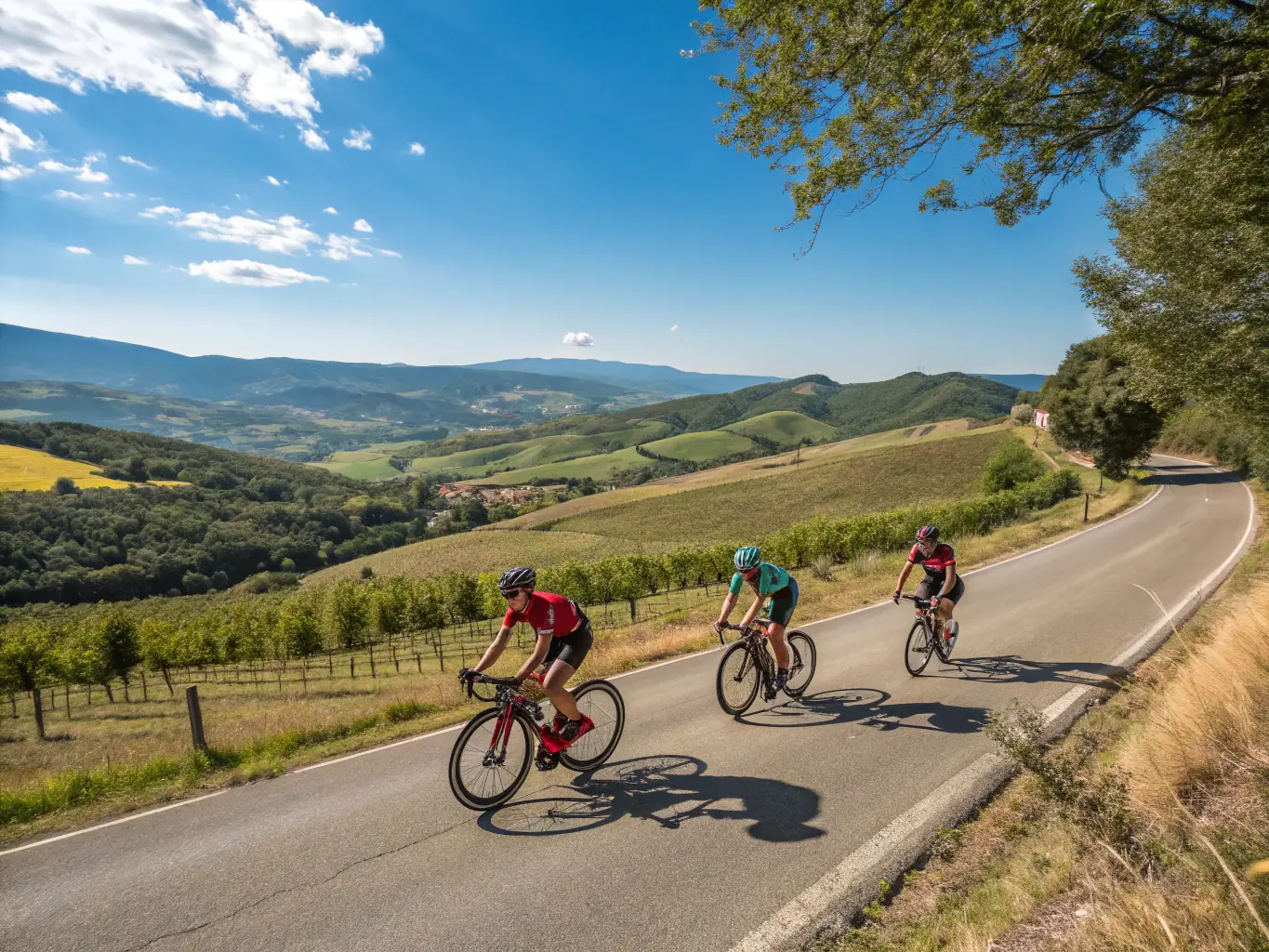 A vibrant photograph capturing the excitement of the annual cycling criterium, with cyclists racing through the scenic Chataigneraie region and spectators cheering them on.