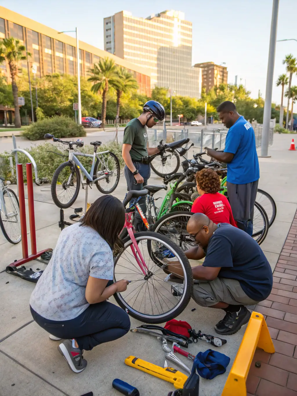 A diverse group of participants attending a beginner cycling workshop, learning essential bike maintenance and repair skills from knowledgeable volunteers.